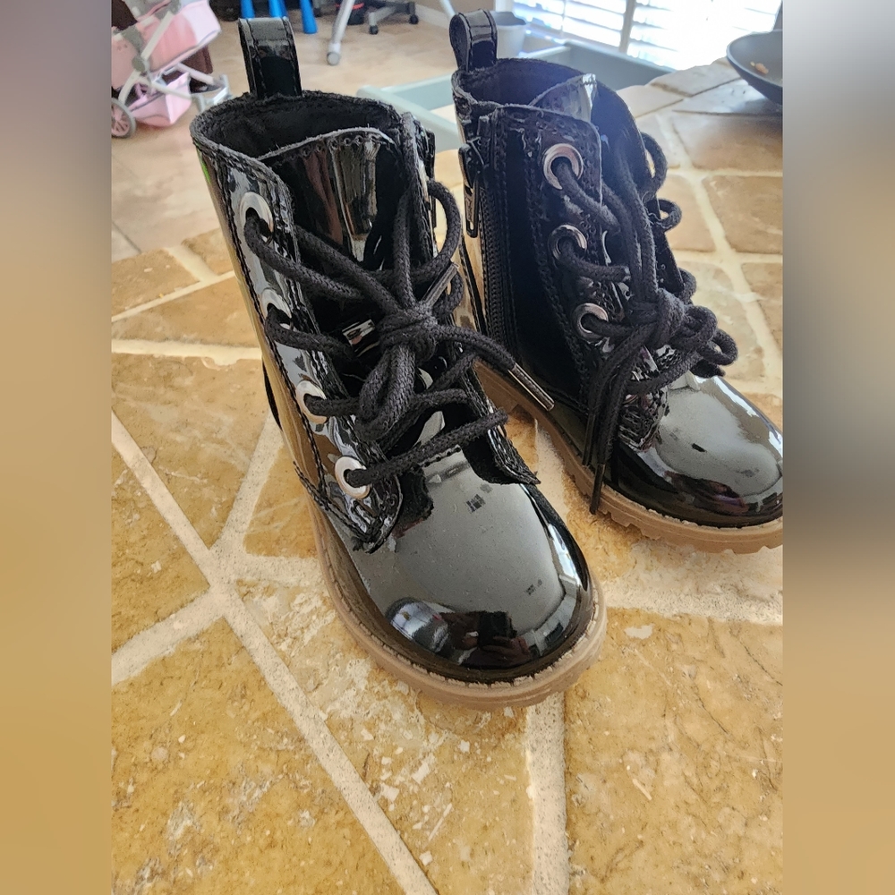 Faux patent leather booties for toddler girl.